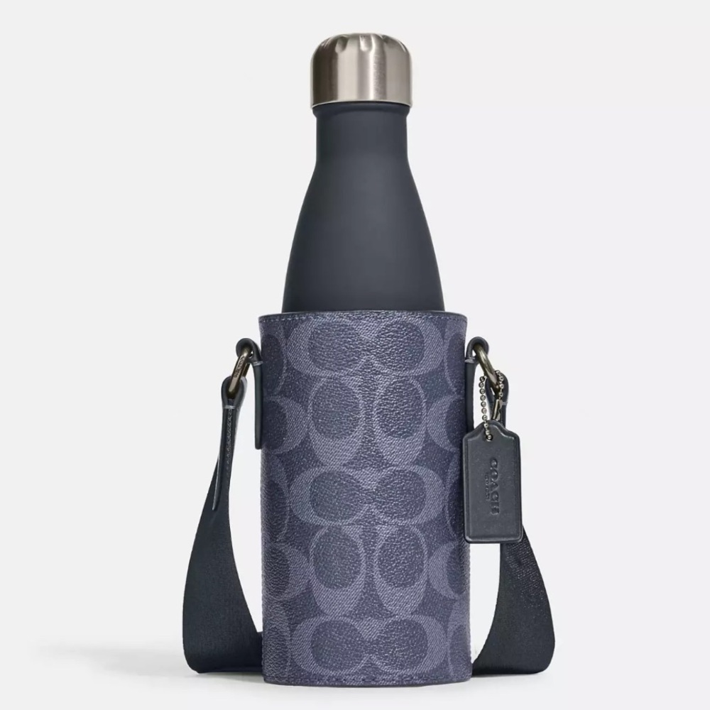 Coach Water Bottle Holder Signature C Coated Canvas Adjustable Leather Strap